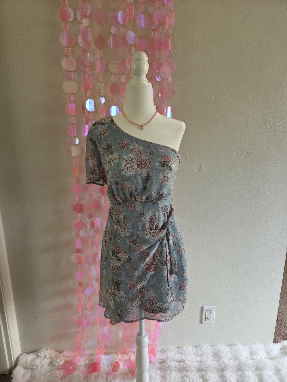 Lulu's Dusty Blue One-Shoulder Floral Tie-Waist Dress